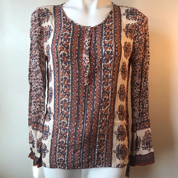 Lucky Brand Tops - Lucky Brand Boho Paisley Blouse, Burnt Orange/Blue